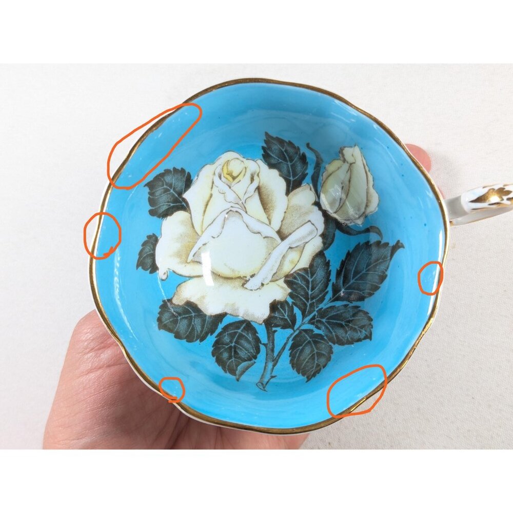 CUP ONLY * Paragon Floating White Rose Turquoise blue teacup, 1950s double - Picture 9 of 10